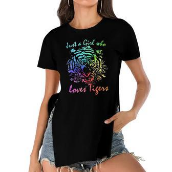 Just A Girl Who Loves Tigers Retro Vintage Rainbow Graphic Women's Short Sleeves T-shirt With Hem Split | Mazezy