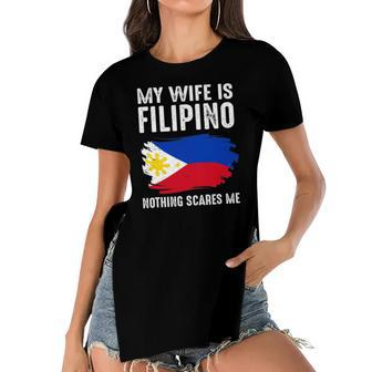 My Wife Is Filipino Nothing Scare Me Philippine Pride Flag Women's Short Sleeves T-shirt With Hem Split | Mazezy