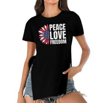 Peace Love Freedom America Usa Flag Sunflower Women's Short Sleeves T-shirt With Hem Split | Mazezy