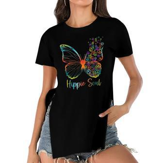 Pretty Hippie Soul Butterfly With Peace Signs Hippie Women's Short Sleeves T-shirt With Hem Split | Mazezy