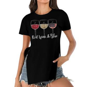 Red Wine & Blue 4Th Of July Wine Red White Blue Wine Glasses Women's Short Sleeves T-shirt With Hem Split | Mazezy