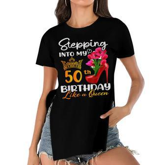 Stepping Into My 50Th Birthday Like A Queen For 50 Years Old Women's Short Sleeves T-shirt With Hem Split - Seseable