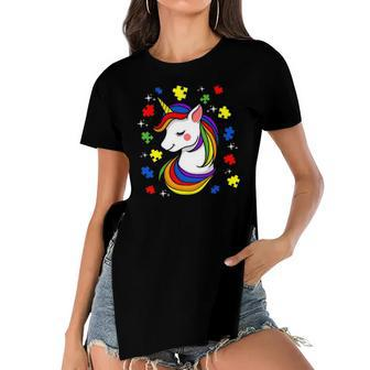 Unicorn Puzzle Piece Autism Awareness Boys Girls Women Women's Short Sleeves T-shirt With Hem Split | Mazezy