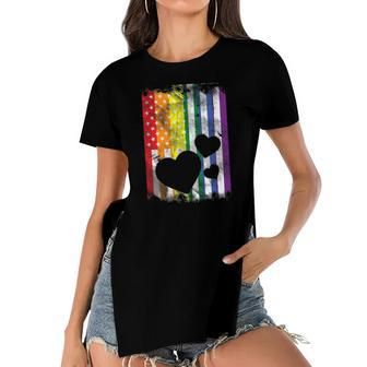 Us American Flag Hearts Lgbtq Rainbow Flag Gay Pride Ally Women's Short Sleeves T-shirt With Hem Split | Mazezy