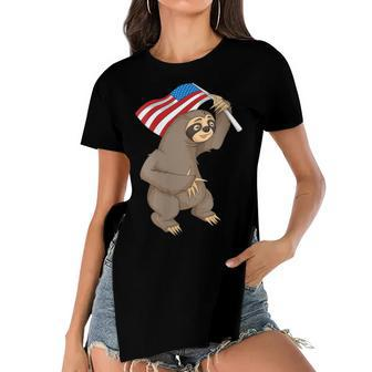 Womens Cool Sloth Us Flag Funny American 4Th Of July Lazy Usa Gift Women's Short Sleeves T-shirt With Hem Split - Seseable