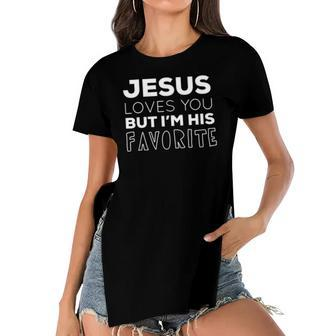 Womens Jesus Loves You But Im His Favorite Funny Christian V Neck Women's Short Sleeves T-shirt With Hem Split | Mazezy AU