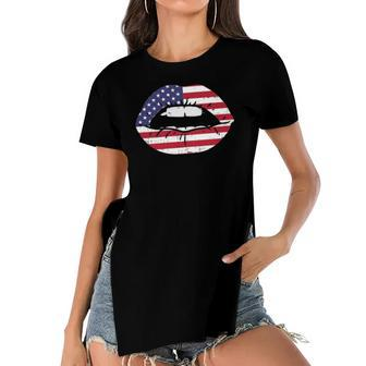 Womens Lips Kiss American Flag Usa 4Th Of July Fourth Women Girls Women's Short Sleeves T-shirt With Hem Split | Mazezy