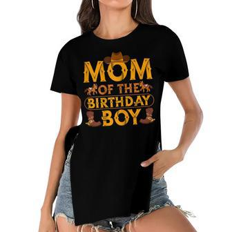 Womens Mom Of The Birthday Boy Cowboy Western Theme Birthday Party Women's Short Sleeves T-shirt With Hem Split - Seseable