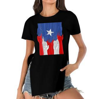 Womens Puerto Rico Pride Raised Hands Boricua Flag V-Neck Women's Short Sleeves T-shirt With Hem Split | Mazezy