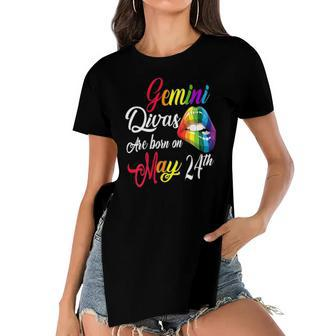 Womens Rainbow Lips Divas Are Born On May 24Th Gemini Girl Birthday Women's Short Sleeves T-shirt With Hem Split | Mazezy