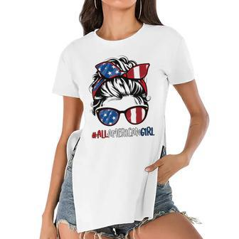 All American Girl 4Th Of July Women Messy Bun Usa Flag Women's Short Sleeves T-shirt With Hem Split | Mazezy