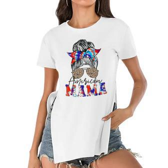 American Mama Usa Patriot Flag Tie Dye 4Th Of July Messy Bun Women's Short Sleeves T-shirt With Hem Split | Mazezy