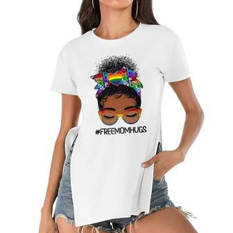 Black Women Free Mom Hugs Messy Bun Lgbtq Lgbt Pride Month Women's Short Sleeves T-shirt With Hem Split | Mazezy