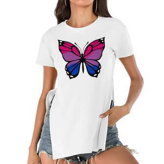 Butterfly With Colors Of The Bisexual Pride Flag Women's Short Sleeves T-shirt With Hem Split | Mazezy