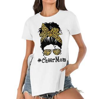 Cheer Mom Leopard Messy Bun Cheerleader Funny Mothers Day V2 Women's Short Sleeves T-shirt With Hem Split - Seseable