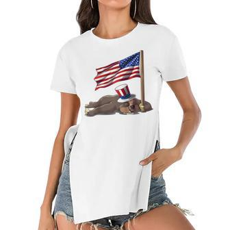 Cool Sloth Us Flag Funny American 4Th Of July Lazy Usa Gift Women's Short Sleeves T-shirt With Hem Split - Seseable
