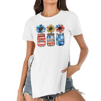 Country Farm Canning Ball Jars Sunflower God Bless America Women's Short Sleeves T-shirt With Hem Split | Mazezy
