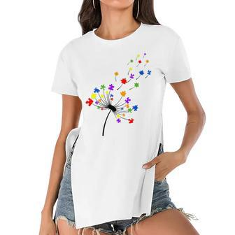 Dandelion Puzzle Piece Autism Awareness Flower Boys Girls Women's Short Sleeves T-shirt With Hem Split | Mazezy