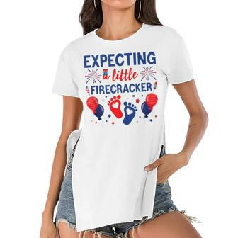 Expecting A Little Firecracker 4Th Of July Pregnancy Reveal Women's Short Sleeves T-shirt With Hem Split - Seseable