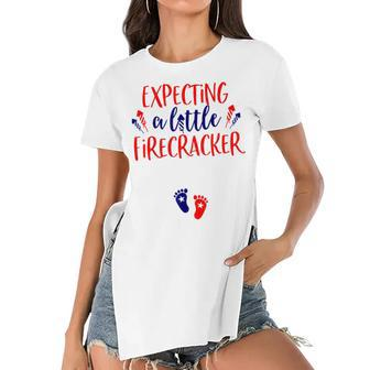 Expecting A Little Firecracker New Mom 4Th Of July Pregnancy Women's Short Sleeves T-shirt With Hem Split - Seseable