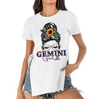 Gemini Girl Birthday Messy Bun Hair Sunflower Women's Short Sleeves T-shirt With Hem Split - Seseable