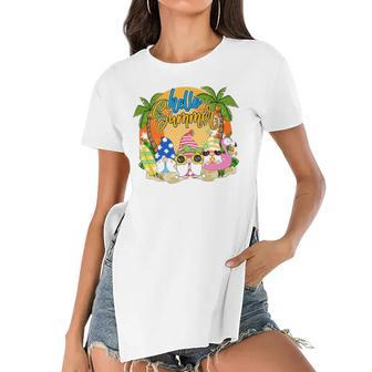 Hello Summer Vacation Garden Gnomes Beach Vibes Womens Women's Short Sleeves T-shirt With Hem Split | Mazezy