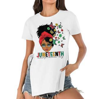 Junenth Is My Independence Day Black Queen And Butterfly Women's Short Sleeves T-shirt With Hem Split | Mazezy