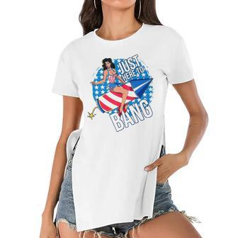 Just Here To Bang Fireworks Fourth Of July Usa Girl American Women's Short Sleeves T-shirt With Hem Split | Mazezy