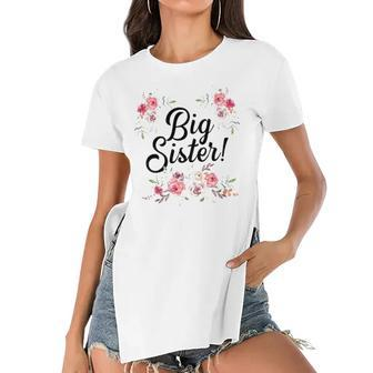 Kids Cute Big Sister Floral Design Toddler Girl Women's Short Sleeves T-shirt With Hem Split | Mazezy