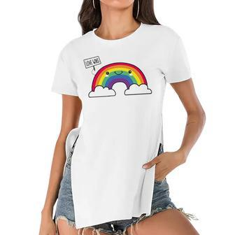 Love Wins Lgbt Kawaii Cute Anime Rainbow Flag Pocket Design Women's Short Sleeves T-shirt With Hem Split | Mazezy