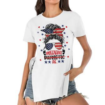 Messy Bun 4Th Of July Patriotic Af Pregnant Pregnancy Funny Women's Short Sleeves T-shirt With Hem Split - Seseable