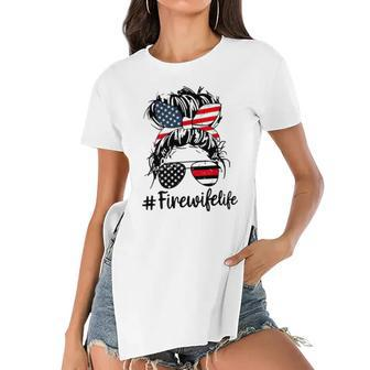 Mom Life And Fire Wife Firefighter Patriotic American Women's Short Sleeves T-shirt With Hem Split | Mazezy