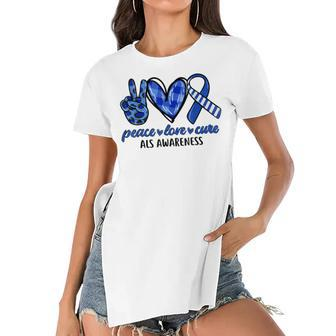 Peace Love Cure Blue & White Ribbon Als Awareness Month V2 Women's Short Sleeves T-shirt With Hem Split - Seseable