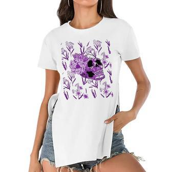 Purple Skull Flower Cool Floral Scary Halloween Gothic Theme Women's Short Sleeves T-shirt With Hem Split | Mazezy