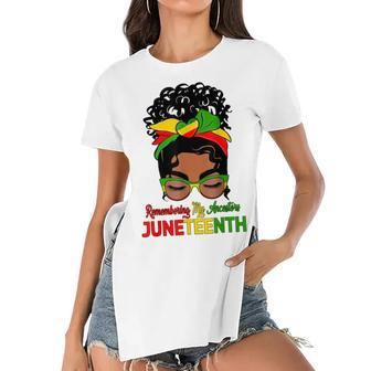 Remembering My Ancestors Juneteenth Black Women Messy Bun Women's Short Sleeves T-shirt With Hem Split | Mazezy