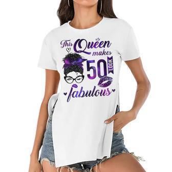 This Queen Makes 50 Look Fabulous 50Th Birthday Messy Bun Women's Short Sleeves T-shirt With Hem Split - Seseable