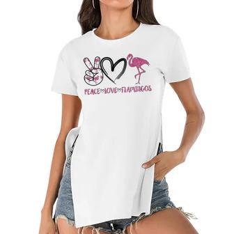 Womens Peace Love Flamingos Funny Flamingo Lover Women Gift Women's Short Sleeves T-shirt With Hem Split | Mazezy