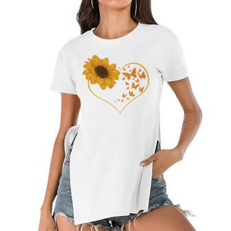 Yellow Flower Sunflowers Heart Butterfly Blossom Sunflower Women's Short Sleeves T-shirt With Hem Split | Mazezy
