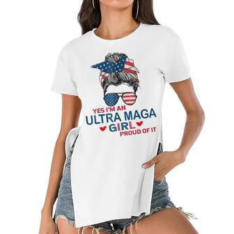 Yes Im An Ultra Maga Girl Proud Of It Usa Flag Messy Bun Women's Short Sleeves T-shirt With Hem Split | Mazezy