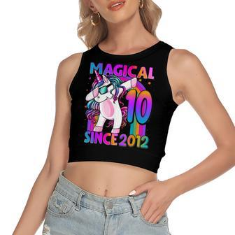 10 Year Old Unicorn Dabbing 10Th Birthday Girl Unicorn Party V2 Women's Sleeveless Bow Backless Hollow Crop Top - Seseable
