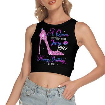 A Queen Was Born In July 1987 Happy 35Th Birthday To Me Women's Sleeveless Bow Backless Hollow Crop Top - Seseable