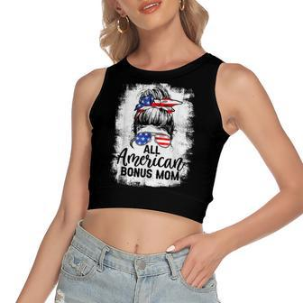 All American Bonus Mom 4Th Of July Messy Bun Proud Merica Women's Sleeveless Bow Backless Hollow Crop Top - Seseable