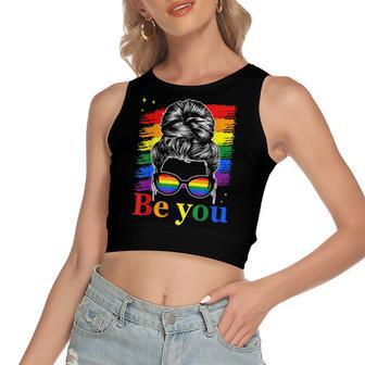 Be You Pride Lgbtq Gay Lgbt Ally Rainbow Flag Woman Face  Women's Sleeveless Bow Backless Hollow Crop Top