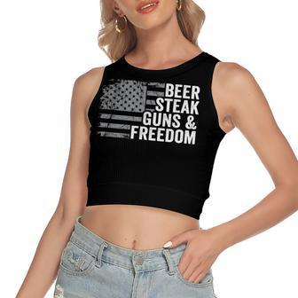 Beer Steak Guns & Freedom - 4Th July Usa Flag Drinking Bbq Women's Sleeveless Bow Backless Hollow Crop Top - Seseable