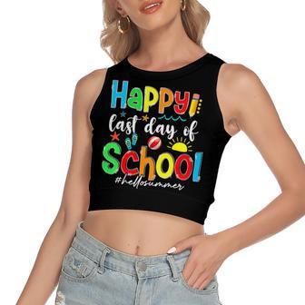 Funny Happy Last Day Of School Hello Summer Multicolored Women's Sleeveless Bow Backless Hollow Crop Top | Favorety AU