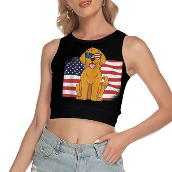 Golden Retriever Dad & Mom American Flag 4Th Of July Usa Lab Women's Sleeveless Bow Backless Hollow Crop Top - Seseable