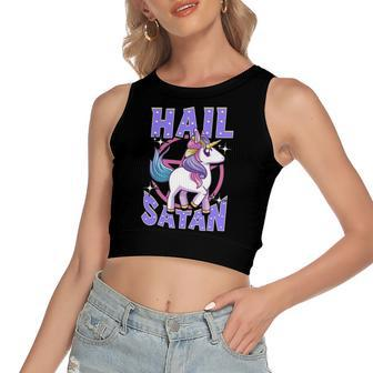 Hail Satan Unicorn Rainbow Satanic Heavy Metal Pun Women's Crop Top Tank Top | Mazezy