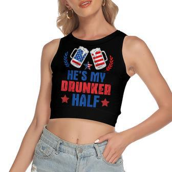 Hes My Drunker Half 4Th July Matching Couples Drinking Women's Sleeveless Bow Backless Hollow Crop Top - Seseable