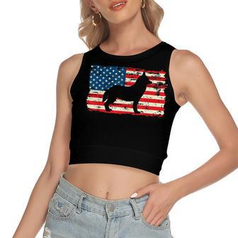Husky For Dog Mom Dog Dad Usa Flag 4Th Of July Women's Sleeveless Bow Backless Hollow Crop Top - Seseable
