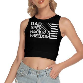 Mens Dad Beer Coach & Freedom Hockey Us Flag 4Th Of July Women's Sleeveless Bow Backless Hollow Crop Top - Seseable